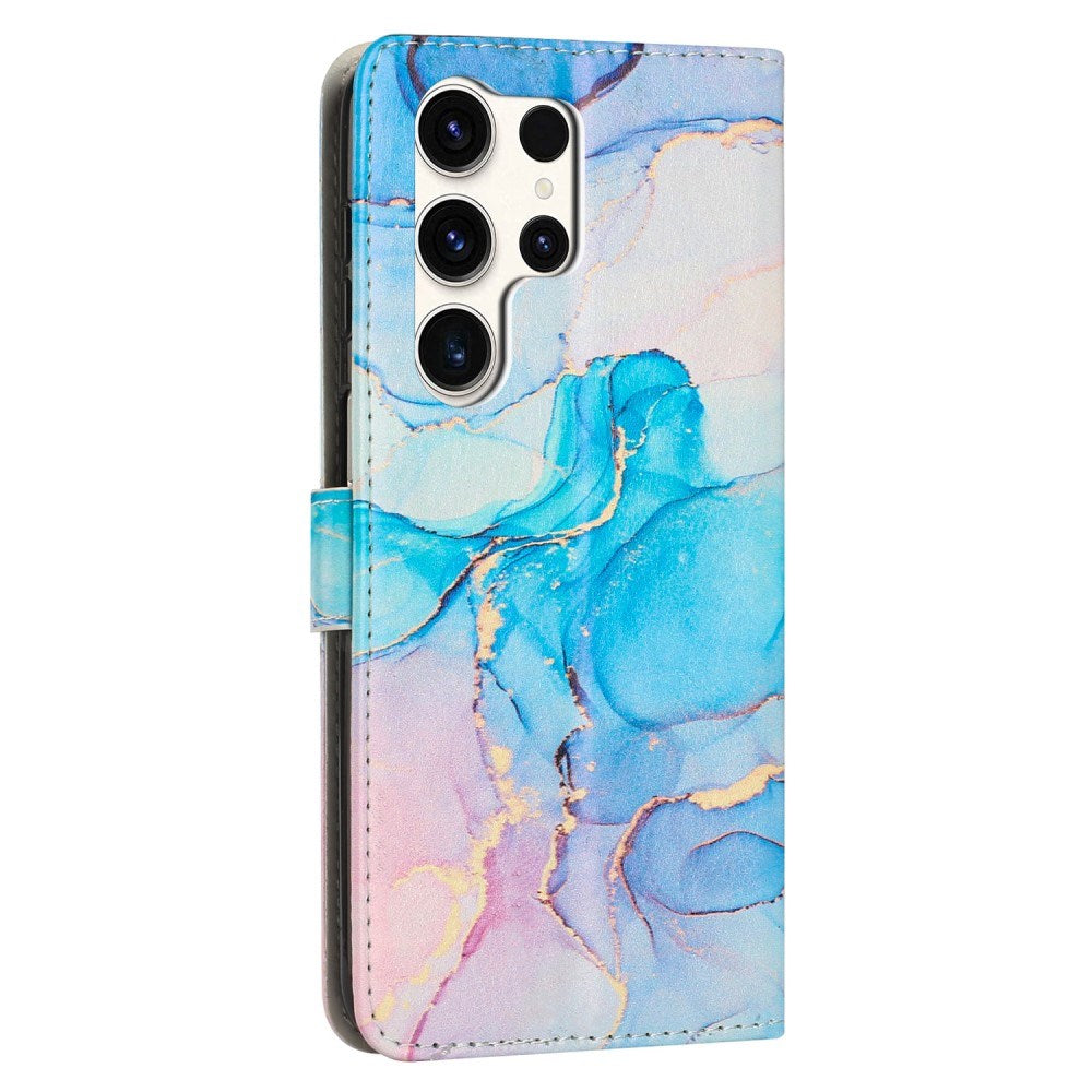 EIDERWOOD Samsung Galaxy S25 Ultra Marmor Mønstret Kunstskinn Flip Deksel m. Stropp - Blå