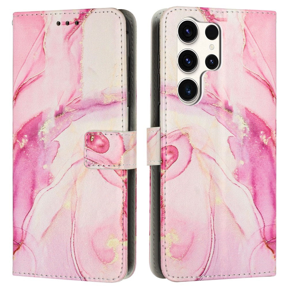 EIDERWOOD Samsung Galaxy S25 Ultra Marmor Mønstret Kunstskinn Flip Deksel m. Stropp - Rosa