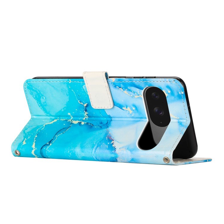 EIDERWOOD Google Pixel 10 / 10 Pro / 9 / 9 Pro Marmor Kunstskinn Flip Deksel m. Stropp - Blå / Grønn