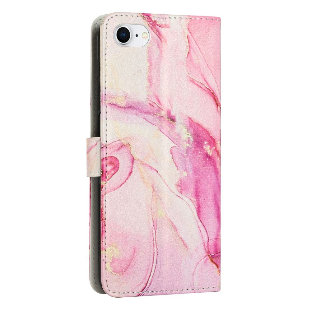 EIDERWOOD iPhone 16e Kunstskinn Flip Deksel med Lommebok og Stropp - Marmordesign - Rosa
