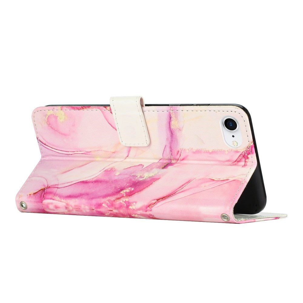 EIDERWOOD iPhone 16e Kunstskinn Flip Deksel med Lommebok og Stropp - Marmordesign - Rosa