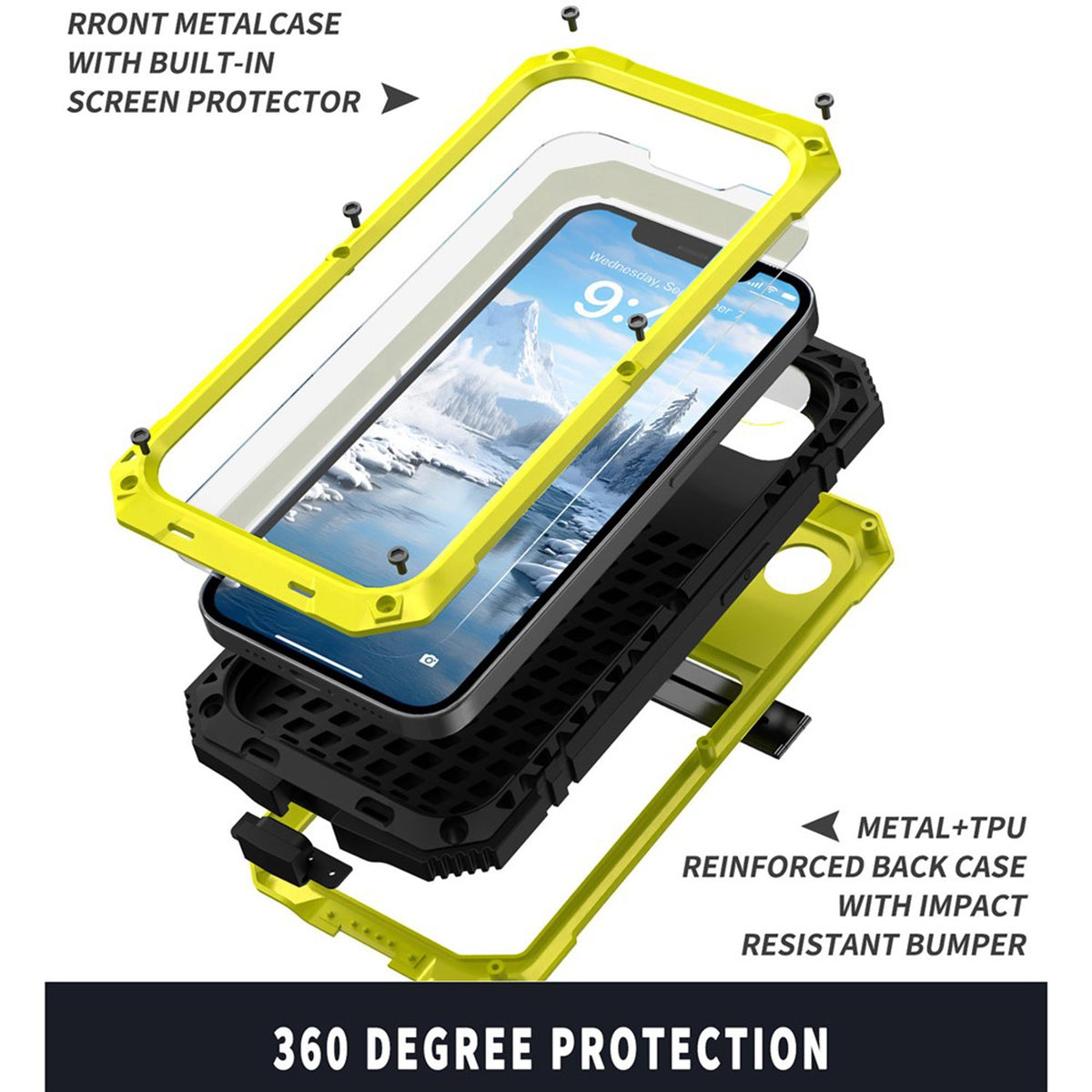 iPhone 17e / 16e R-JUST Hybrid Robust Deksel m. Innebygd Skjermbeskyttelse & Kickstand - Gul