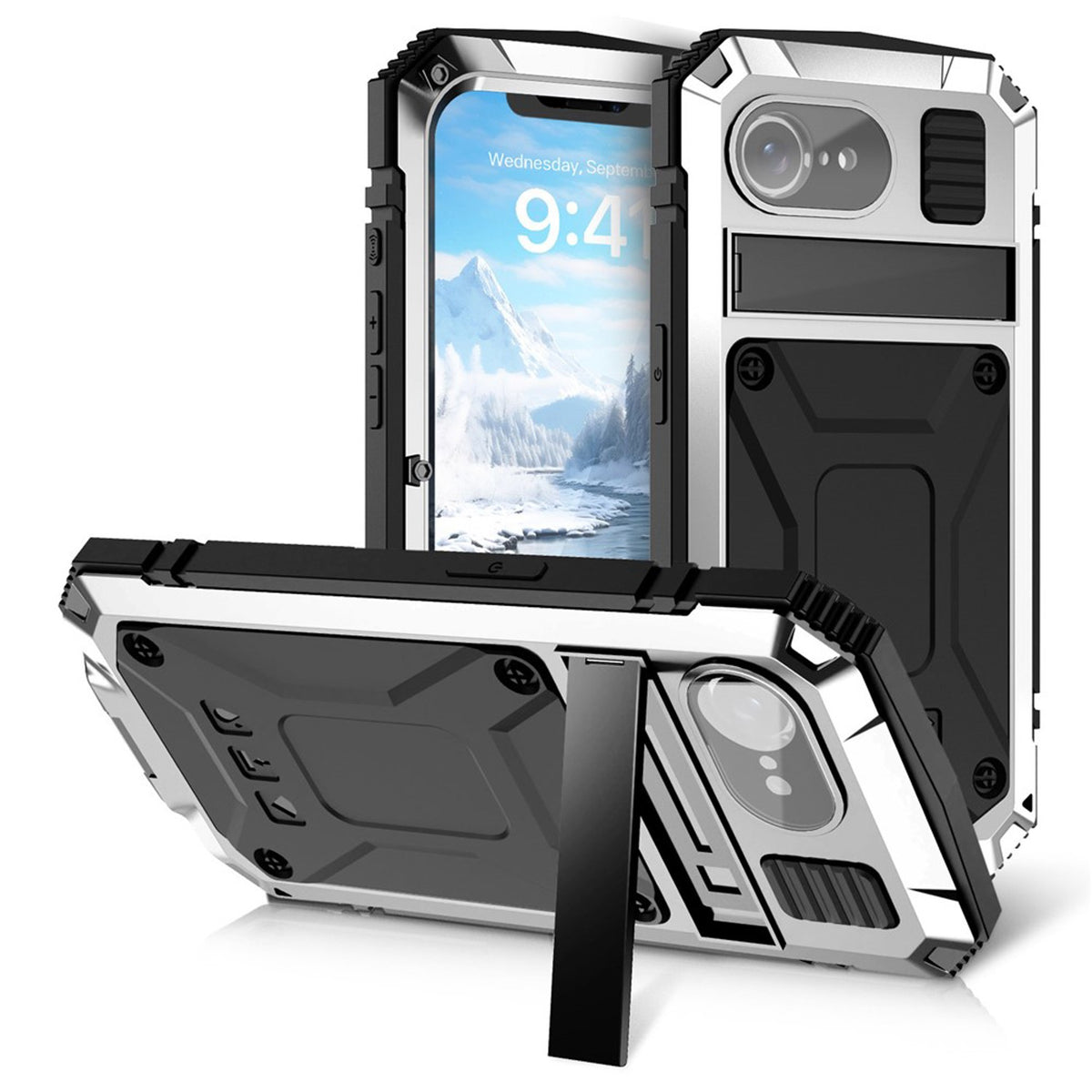 iPhone 17e / 16e R-JUST Hybrid Robust Deksel m. Innebygd Skjermbeskyttelse & Kickstand - Sølv