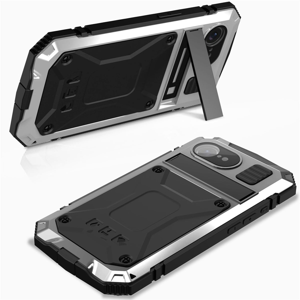 iPhone 17e / 16e R-JUST Hybrid Robust Deksel m. Innebygd Skjermbeskyttelse & Kickstand - Sølv