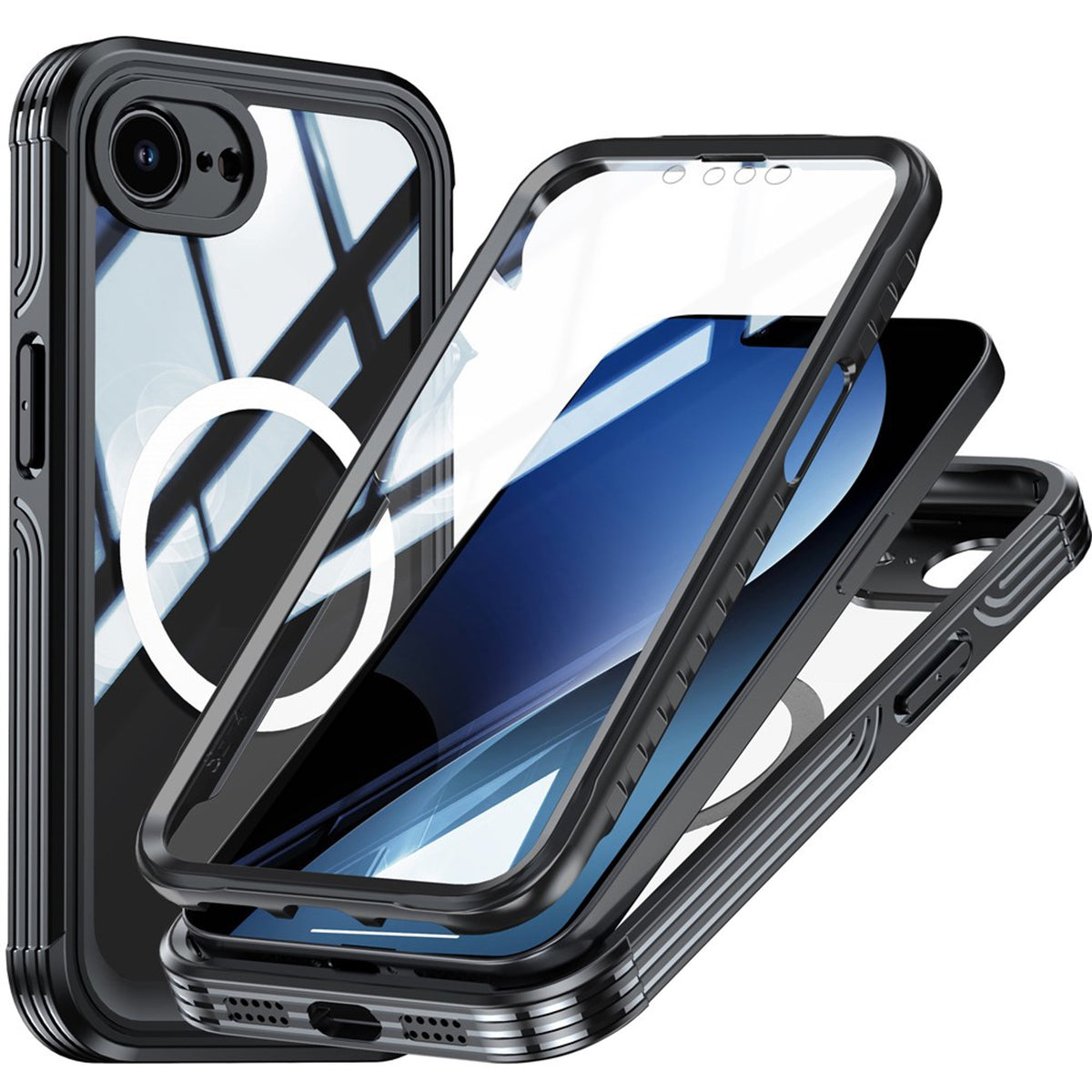 iPhone 17e / 16e Hybrid Plast Deksel m. Innebygd Skjermbeskyttelse - MagSafe Kompatibel - Gjennomsiktig / Svart