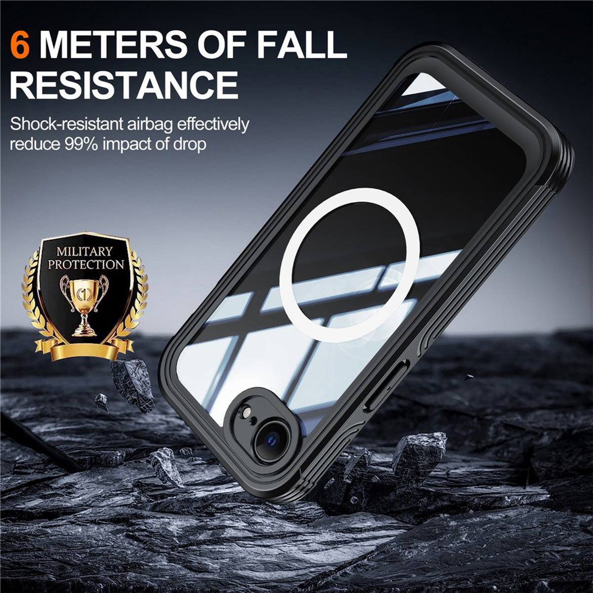 iPhone 17e / 16e Hybrid Plast Deksel m. Innebygd Skjermbeskyttelse - MagSafe Kompatibel - Gjennomsiktig / Svart