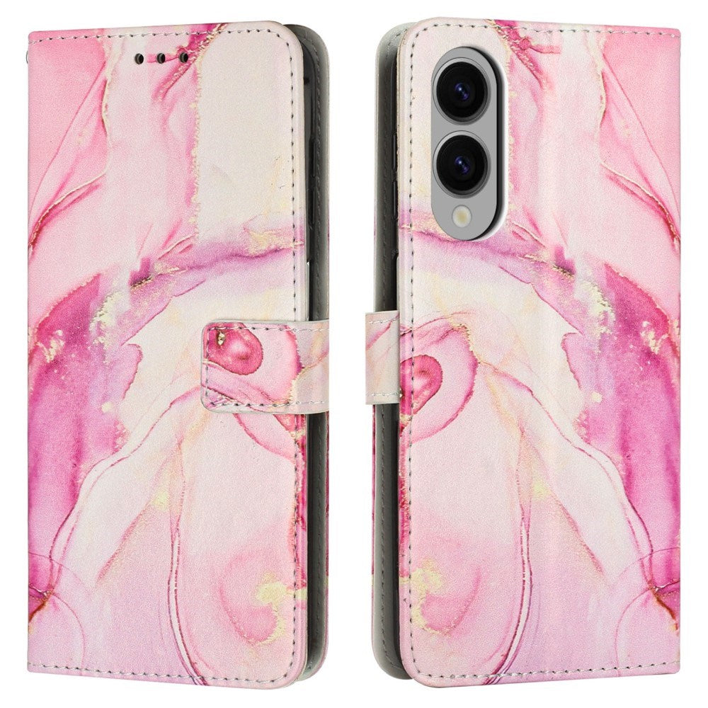 EIDERWOOD Samsung Galaxy S25 Edge Marmor Mønstret Kunstskinn Flip Deksel m. Stropp - Rosa