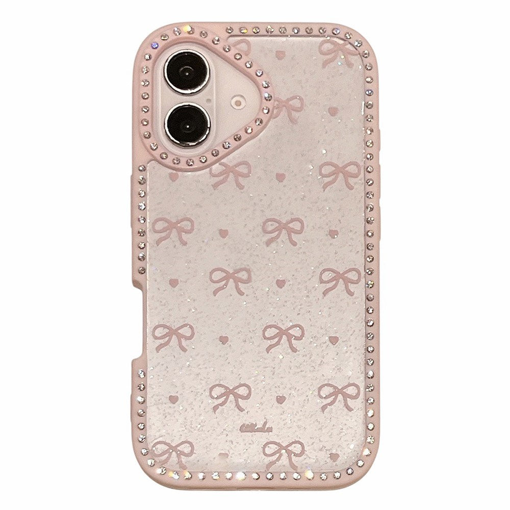 EIDERWOOD iPhone 16 Hybrid Deksel med Sløyfer og Rhinestones - Gjennomsiktig / Rosa