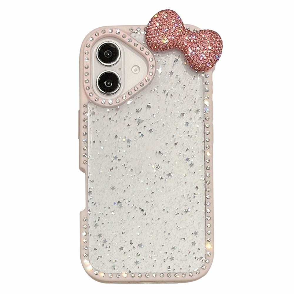 EIDERWOOD iPhone 16 Hybrid Deksel med 3D Sløyfe og Rhinestones - Gjennomsiktig / Rosa
