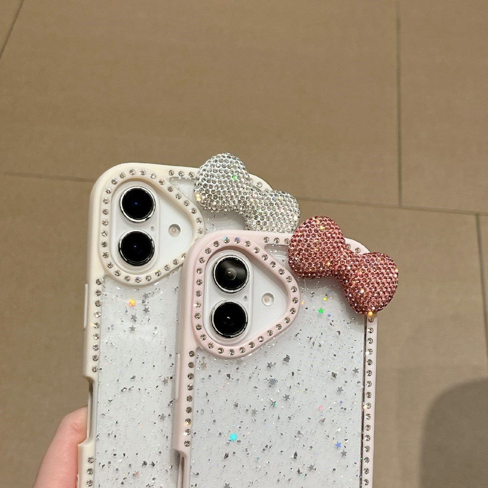 EIDERWOOD iPhone 16 Hybrid Deksel med 3D Sløyfe og Rhinestones - Gjennomsiktig / Rosa