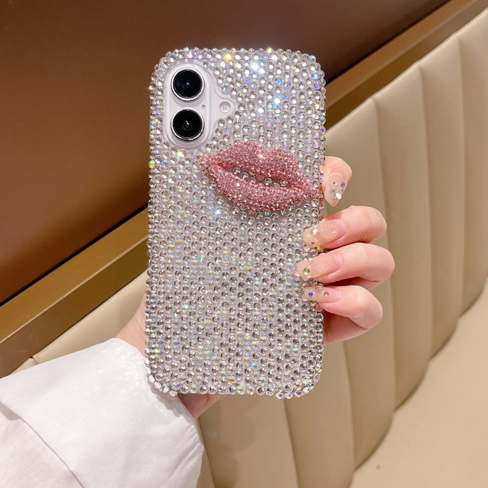 EIDERWOOD iPhone 16 Hybrid Deksel med Rhinestone og 3D Kyssmunn - Hvit