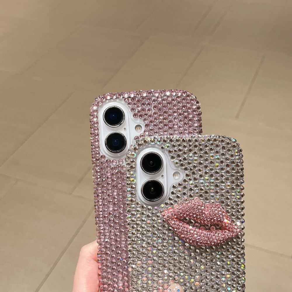 EIDERWOOD iPhone 16 Hybrid Deksel med Rhinestone og 3D Kyssmunn - Hvit
