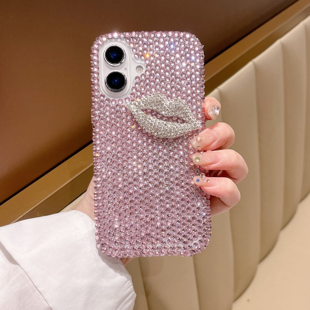 EIDERWOOD iPhone 16 Hybrid Deksel med Rhinestone og 3D Kyssmunn - Rosa
