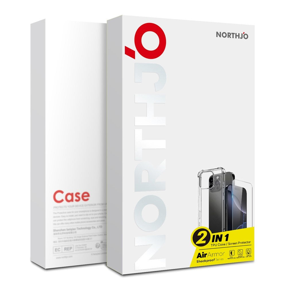 NORTHJO iPhone 15 Pro Max 2-i-1 Beskyttelsessett med Støtabsorberende Fleksibelt Plast Deksel & Herdet Skjermbeskyttelsesglass - Gjennomsiktig