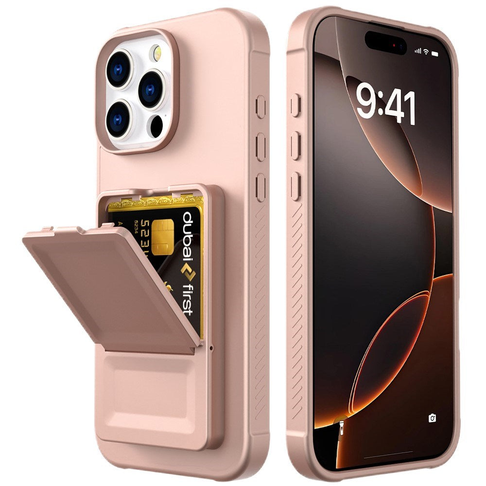 EIDERWOOD iPhone 16 Pro Max Fleksibelt Plast Deksel med Kortholder & Innebygd Speil – Rose Gold