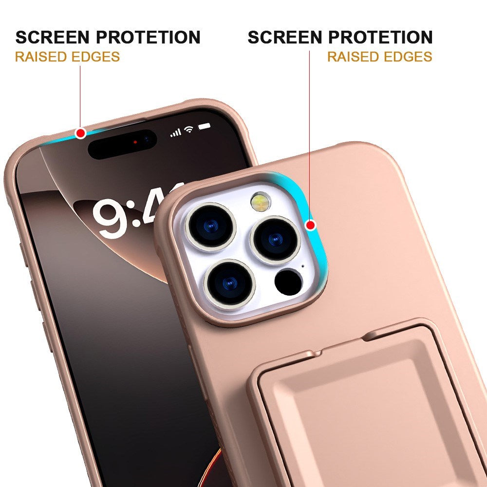 EIDERWOOD iPhone 16 Pro Fleksibelt Plast Deksel med Kortholder & Innebygd Speil – Rose Gold