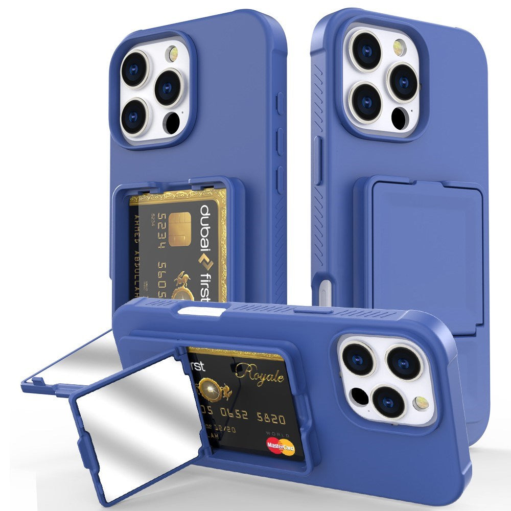 EIDERWOOD iPhone 16 Pro Fleksibelt Plast Deksel med Kortholder & Innebygd Speil – Blå