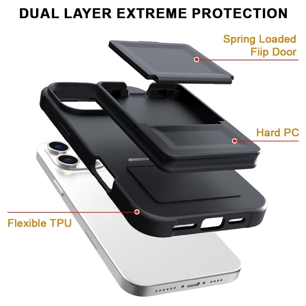 EIDERWOOD iPhone 16 Pro Fleksibelt Plast Deksel med Kortholder & Innebygd Speil – Svart
