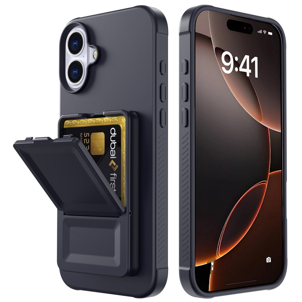 EIDERWOOD iPhone 16 Plus Fleksibelt Plast Deksel med Kortholder & Innebygd Speil – Svart