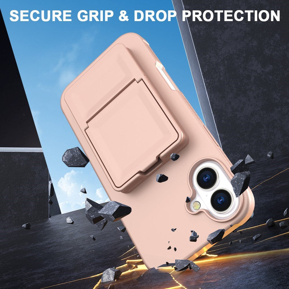EIDERWOOD iPhone 16 Fleksibelt Plast Deksel med Kortholder & Innebygd Speil – Rose Gold