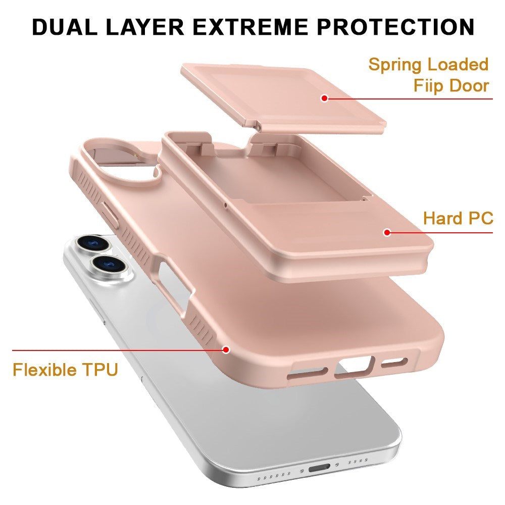 EIDERWOOD iPhone 16 Fleksibelt Plast Deksel med Kortholder & Innebygd Speil – Rose Gold