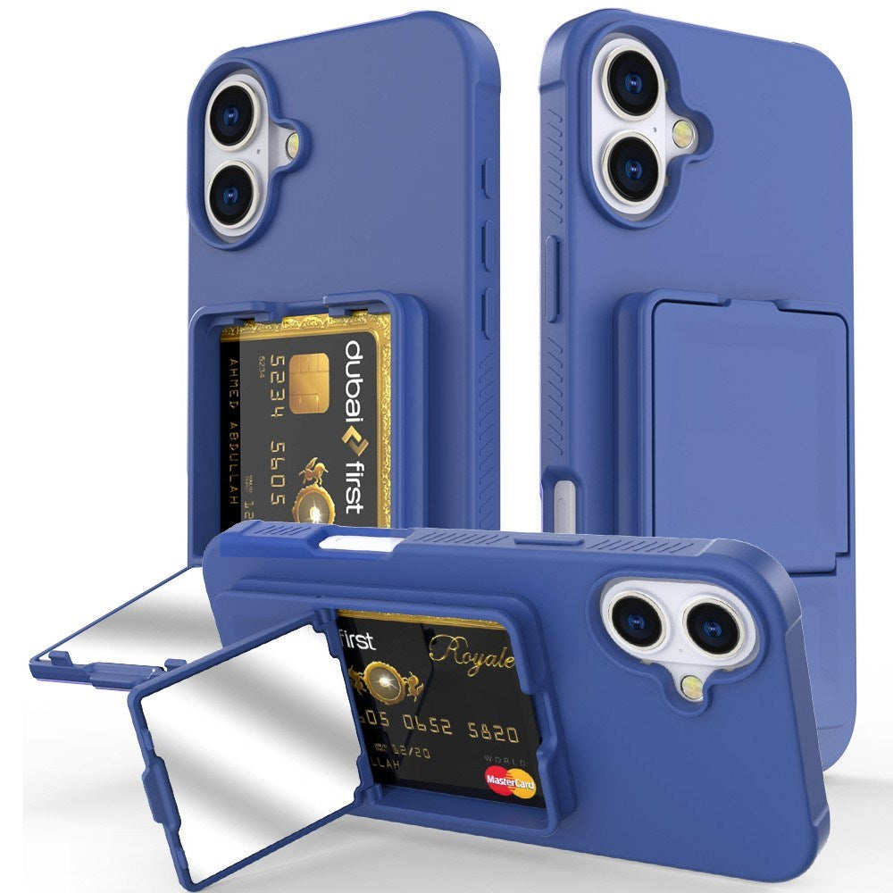 EIDERWOOD iPhone 16 Fleksibelt Plast Deksel med Kortholder & Innebygd Speil – Blå