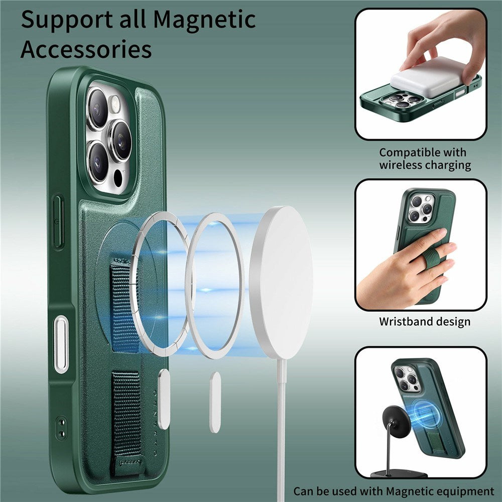 iPhone 16 Pro Hard Plast Deksel m. Kunstskinn Bakside & Fingerrem - MagSafe Kompatibel - Grønn