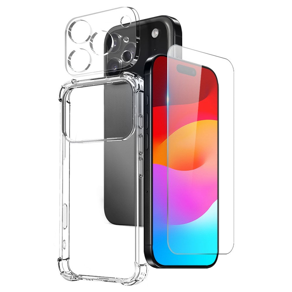NORTHJO iPhone 17 Pro Max 3-i-1 Beskyttelsessett m. Støtabsorberende Fleksibelt Plast Deksel / Herdet Skjermbeskyttelsesglass / Kameralinsebeskytterglass - Gjennomsiktig