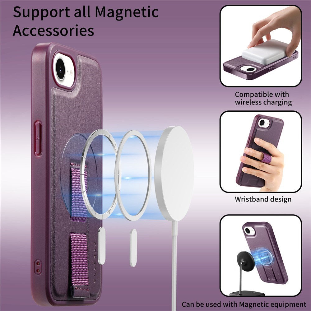 iPhone 17e / 16e Hard Plast Deksel m. Kunstskinn Bakside & Fingerrem - MagSafe Kompatibel - Lilla