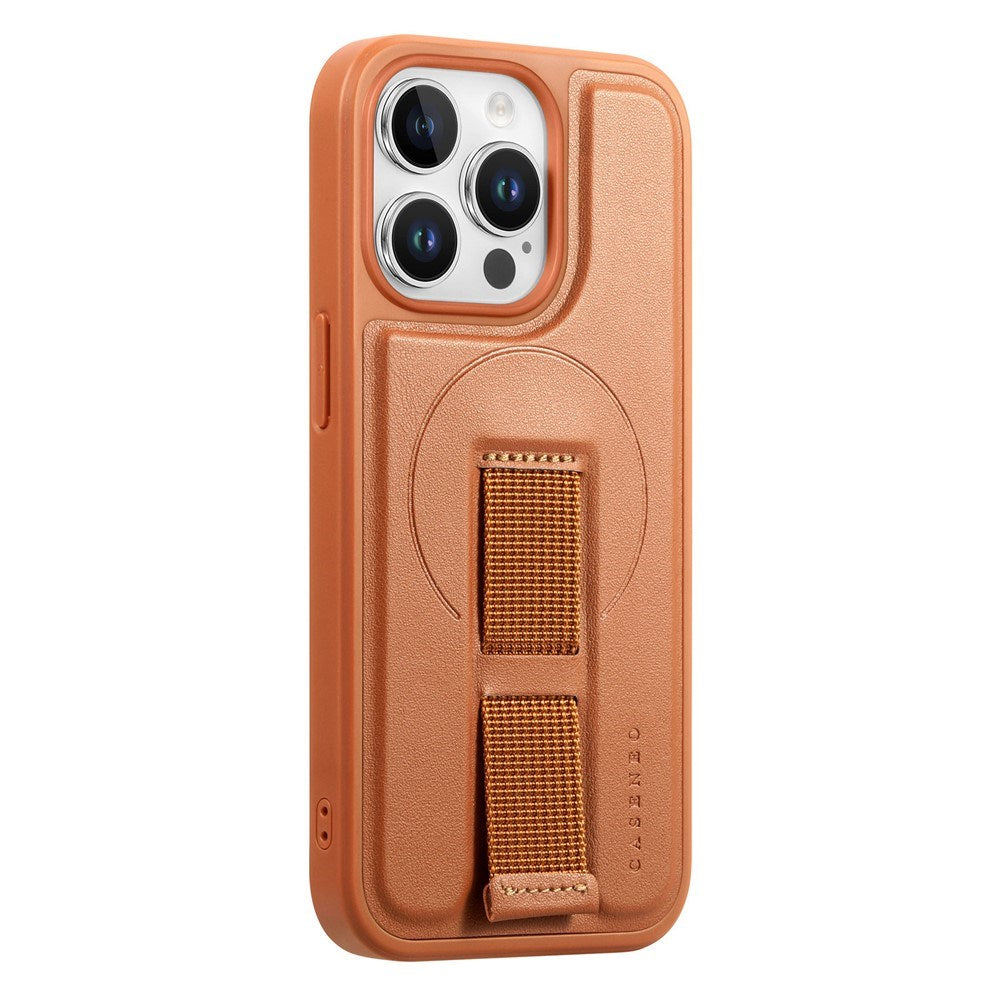 iPhone 13 Pro Hard Plast Deksel m. Kunstskinn Bakside & Fingerrem - MagSafe Kompatibel - Brun