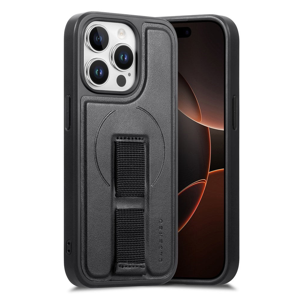 iPhone 13 Pro Hard Plast Deksel m. Kunstskinn Bakside & Fingerrem - MagSafe Kompatibel - Svart