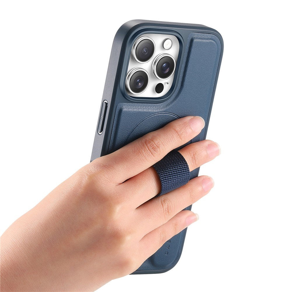 iPhone 13 Pro Hard Plast Deksel m. Kunstskinn Bakside & Fingerrem - MagSafe Kompatibel - Blå