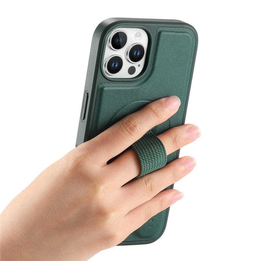 iPhone 12 / 12 Pro Hard Plast Deksel m. Kunstskinn Bakside & Fingerrem - MagSafe Kompatibel - Grønn