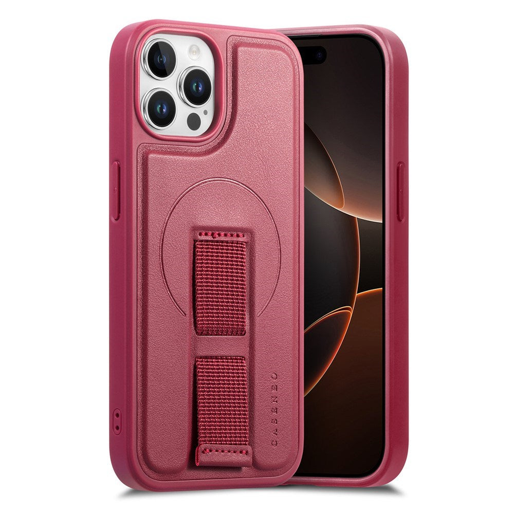 iPhone 12 / 12 Pro Hard Plast Deksel m. Kunstskinn Bakside & Fingerrem - MagSafe Kompatibel - Rød