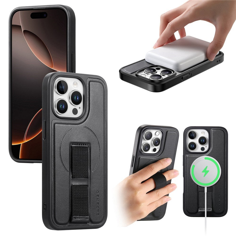 iPhone 14 Pro Hard Plast Deksel m. Kunstskinn Bakside & Fingerrem - MagSafe Kompatibel - Svart