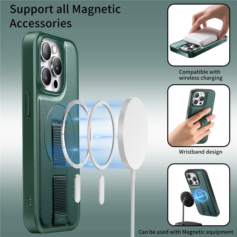 iPhone 14 Pro Hard Plast Deksel m. Kunstskinn Bakside & Fingerrem - MagSafe Kompatibel - Grønn