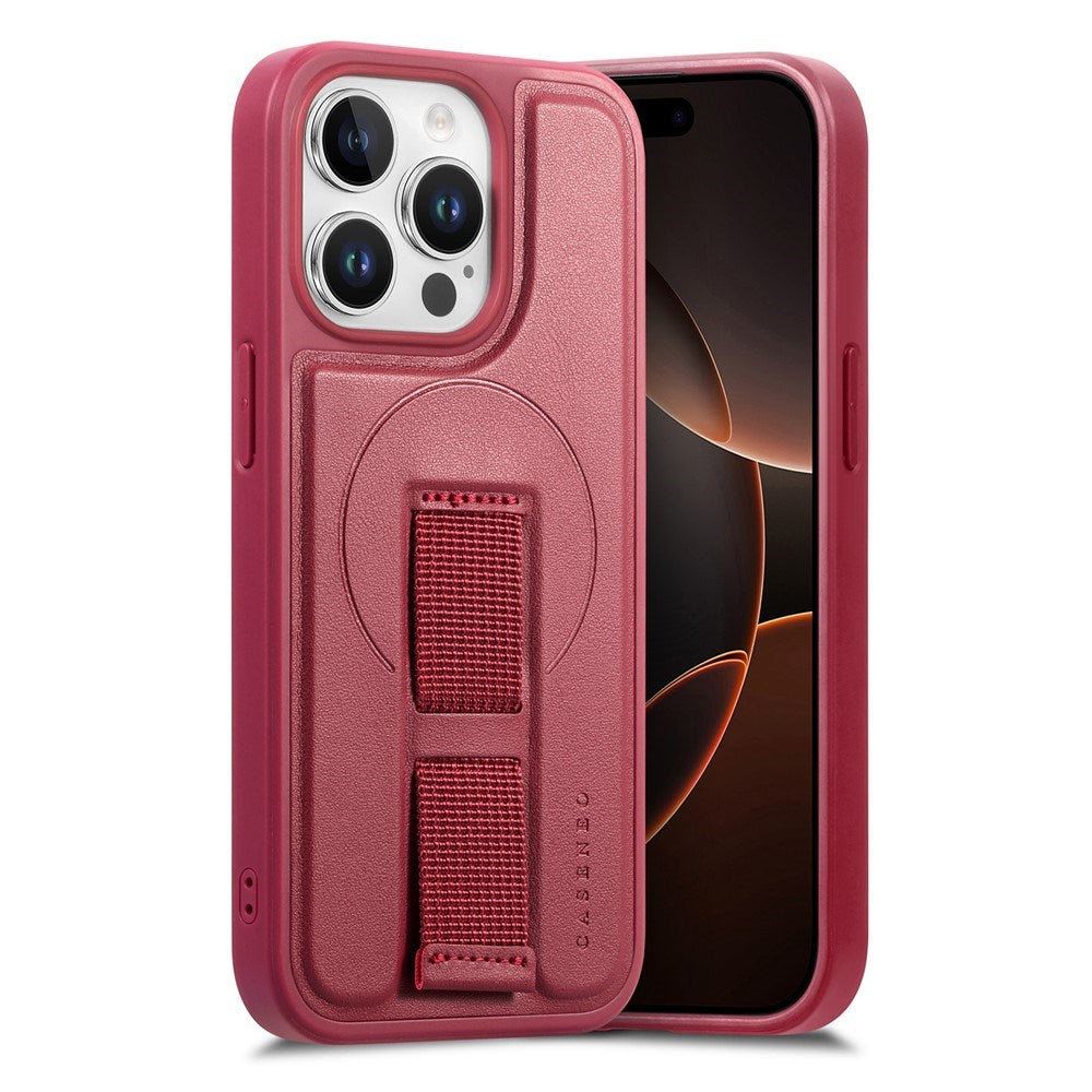 iPhone 14 Pro Hard Plast Deksel m. Kunstskinn Bakside & Fingerrem - MagSafe Kompatibel - Rød