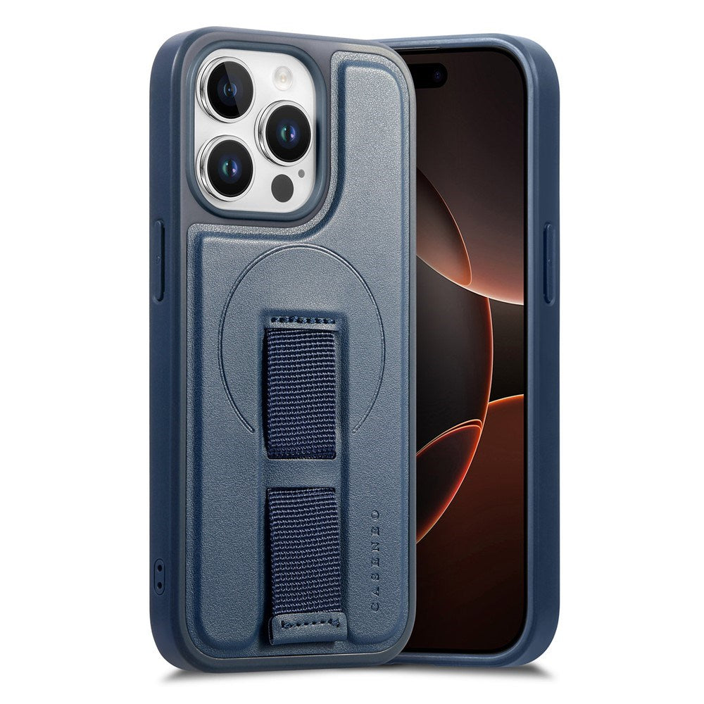 iPhone 14 Pro Hard Plast Deksel m. Kunstskinn Bakside & Fingerrem - MagSafe Kompatibel - Blå