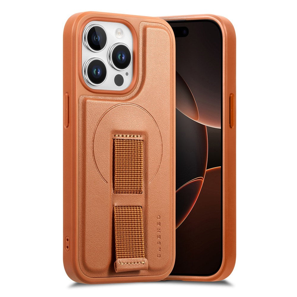 iPhone 15 Pro Hard Plast Deksel m. Kunstskinn Bakside & Fingerrem - MagSafe Kompatibel - Brun