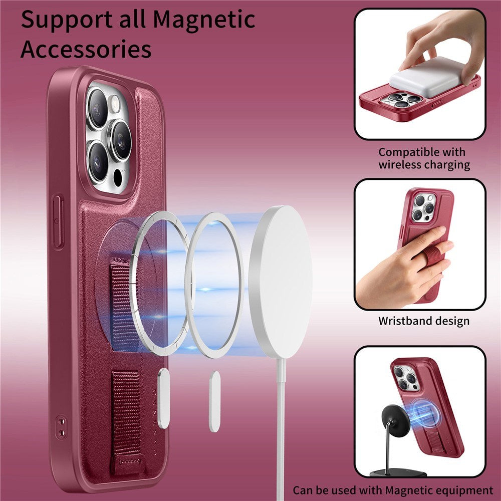 iPhone 15 Pro Hard Plast Deksel m. Kunstskinn Bakside & Fingerrem - MagSafe Kompatibel - Rød