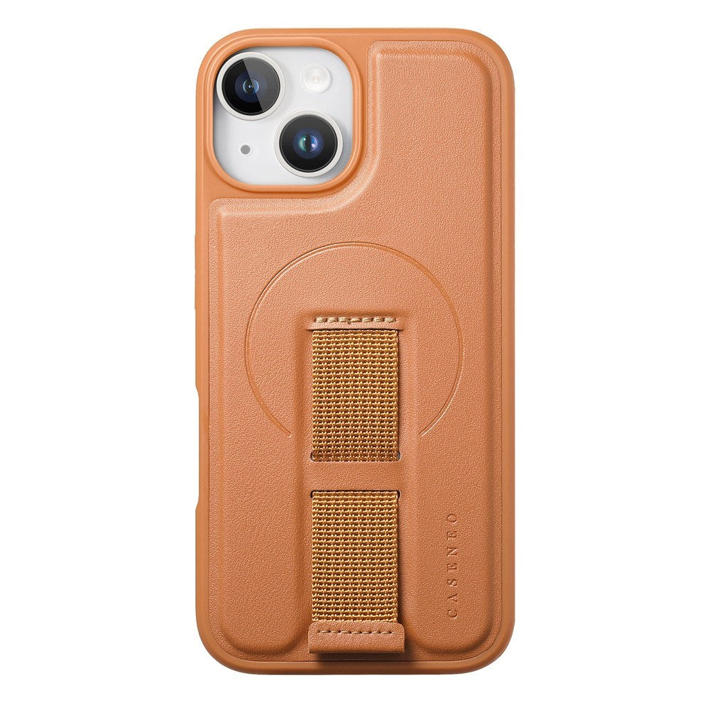 iPhone 15 Hard Plast Deksel m. Kunstskinn Bakside & Fingerrem - MagSafe Kompatibel - Brun