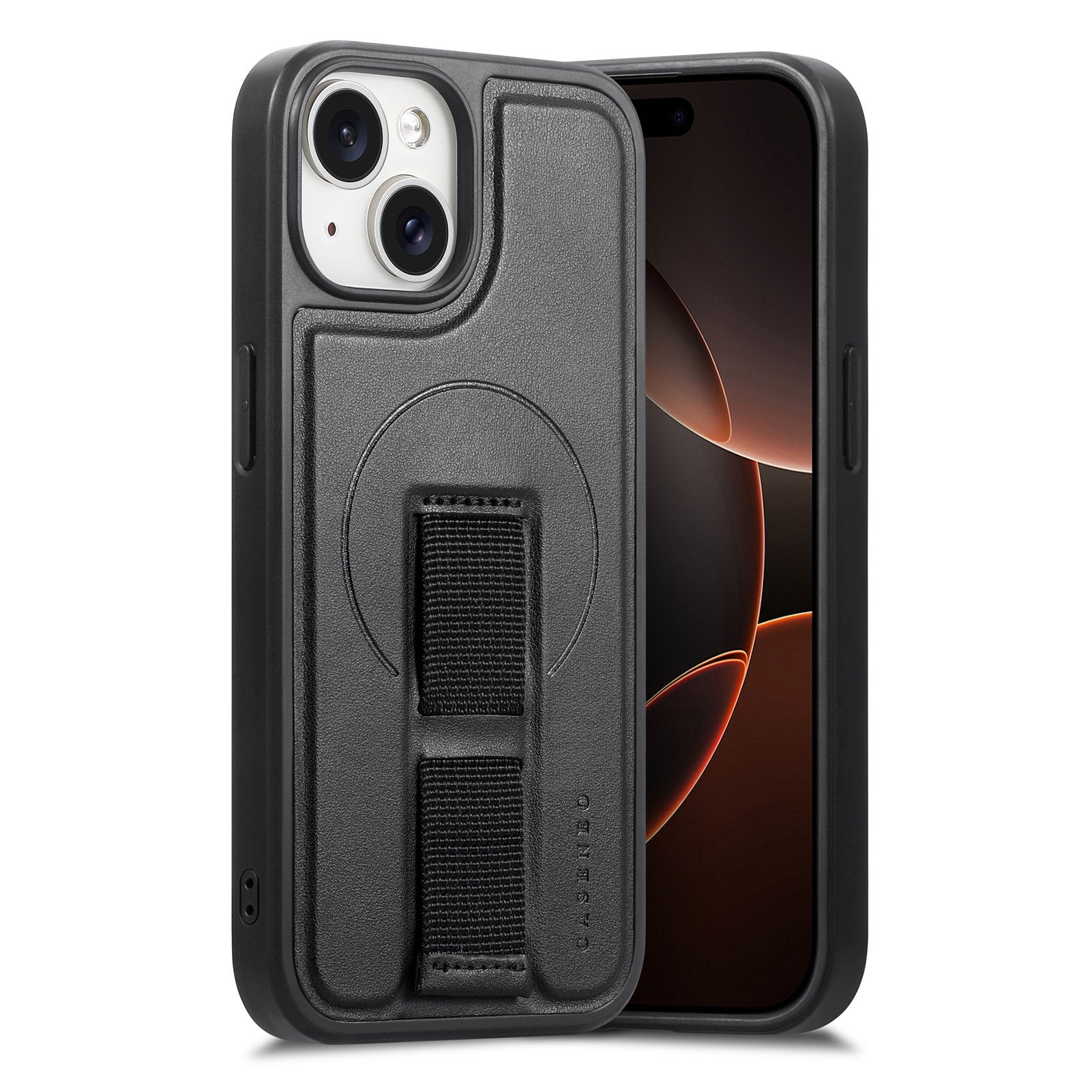 iPhone 14 / 13 Hard Plast Deksel m. Kunstskinn Bakside & Fingerrem - MagSafe Kompatibel - Svart