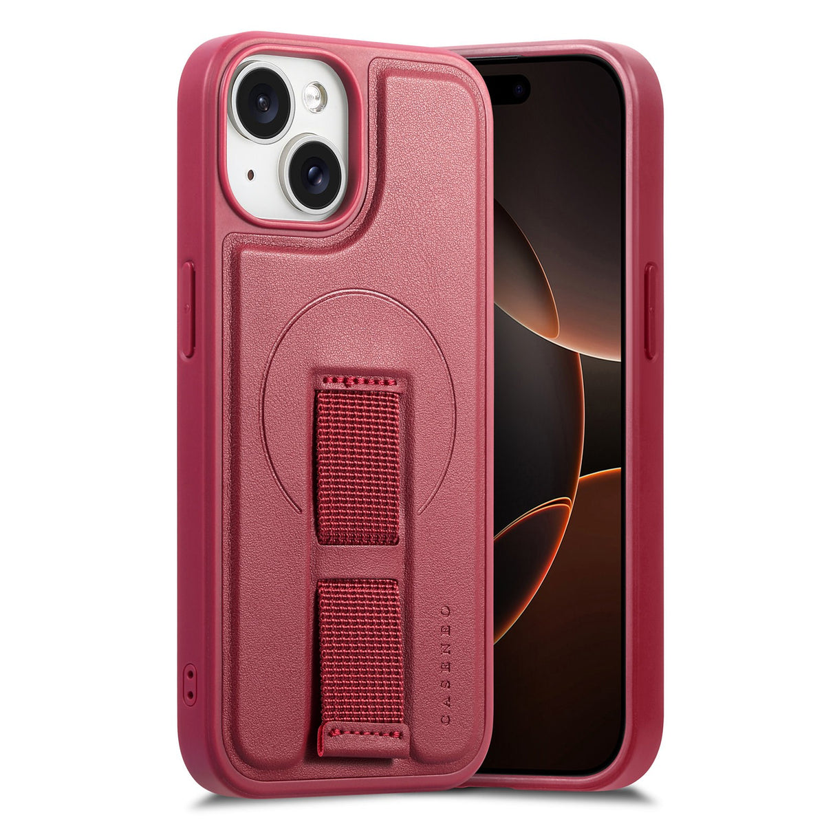 iPhone 14 / 13 Hard Plast Deksel m. Kunstskinn Bakside & Fingerrem - MagSafe Kompatibel - Rød
