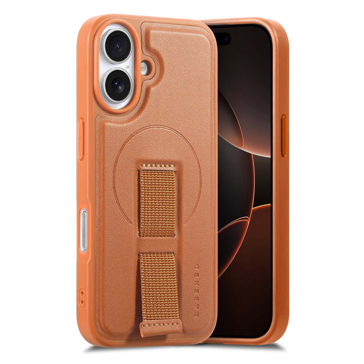 iPhone 16 Hard Plast Deksel m. Kunstskinn Bakside & Fingerrem - MagSafe Kompatibel - Brun