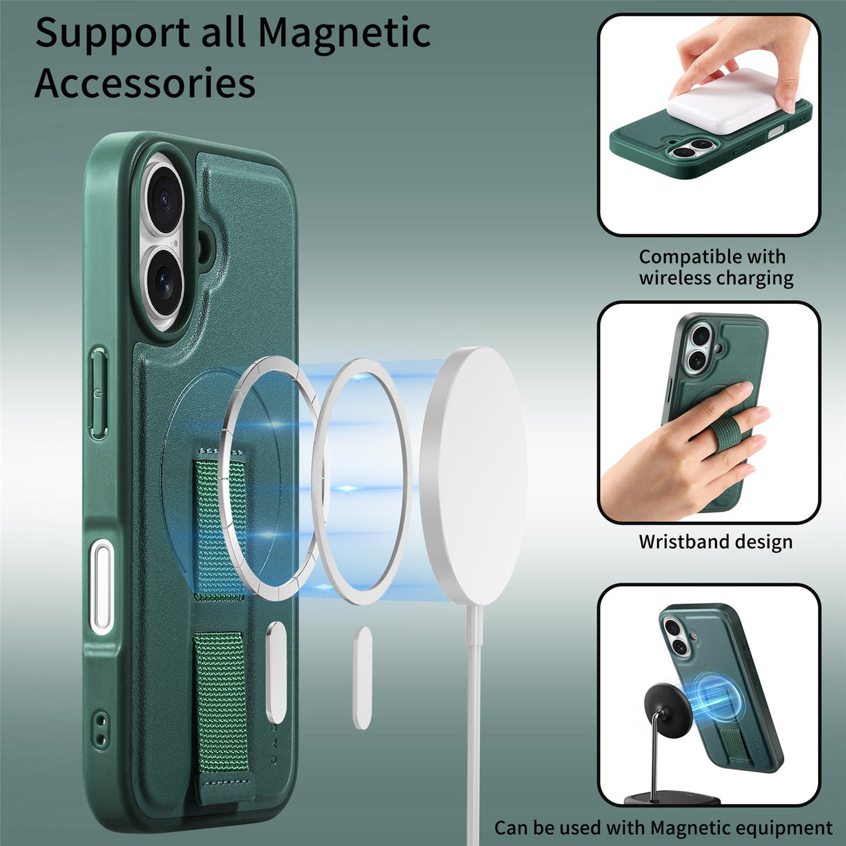 iPhone 16 Hard Plast Deksel m. Kunstskinn Bakside & Fingerrem - MagSafe Kompatibel - Grønn