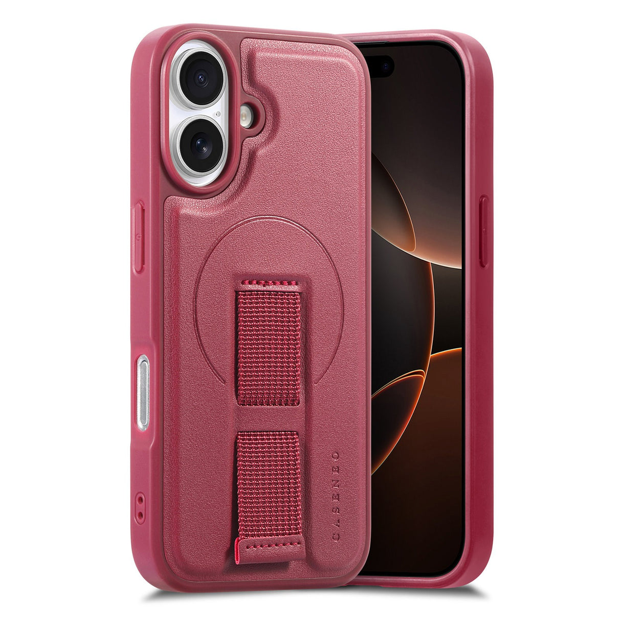 iPhone 16 Hard Plast Deksel m. Kunstskinn Bakside & Fingerrem - MagSafe Kompatibel - Rød