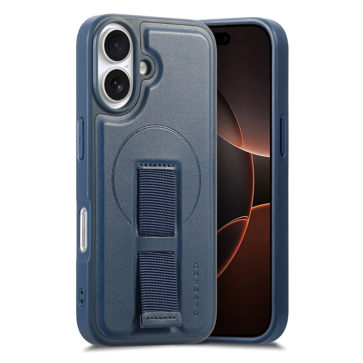 iPhone 16 Hard Plast Deksel m. Kunstskinn Bakside & Fingerrem - MagSafe Kompatibel - Blå