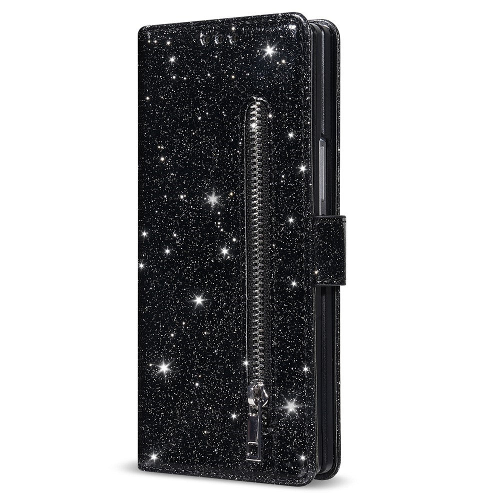 EIDERWOOD Samsung Galaxy Z Fold7 Glitter Flip Deksel m. Lommebok & Stropp - Svart