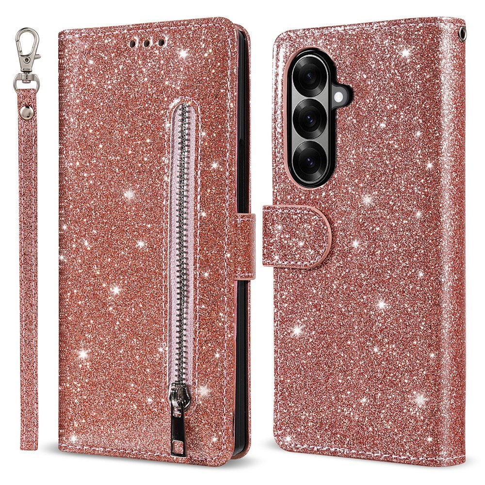 EIDERWOOD Samsung Galaxy Z Fold7 Glitter Flip Deksel m. Lommebok & Stropp - Rosegull