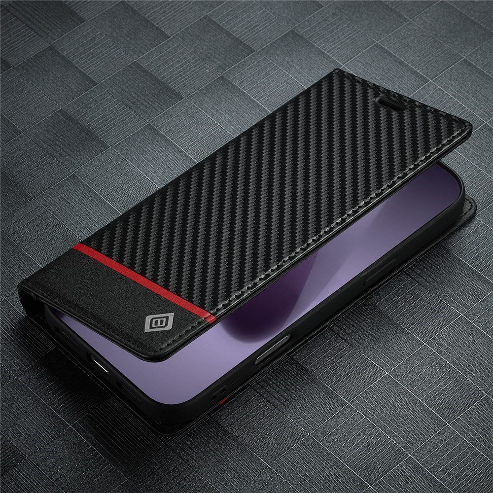 iPhone 18 Pro / 17 Pro LC.IMEEKE Kunstskinn Flip Deksel med Karbonfiber - Svart / Rød Horisontal Stripe